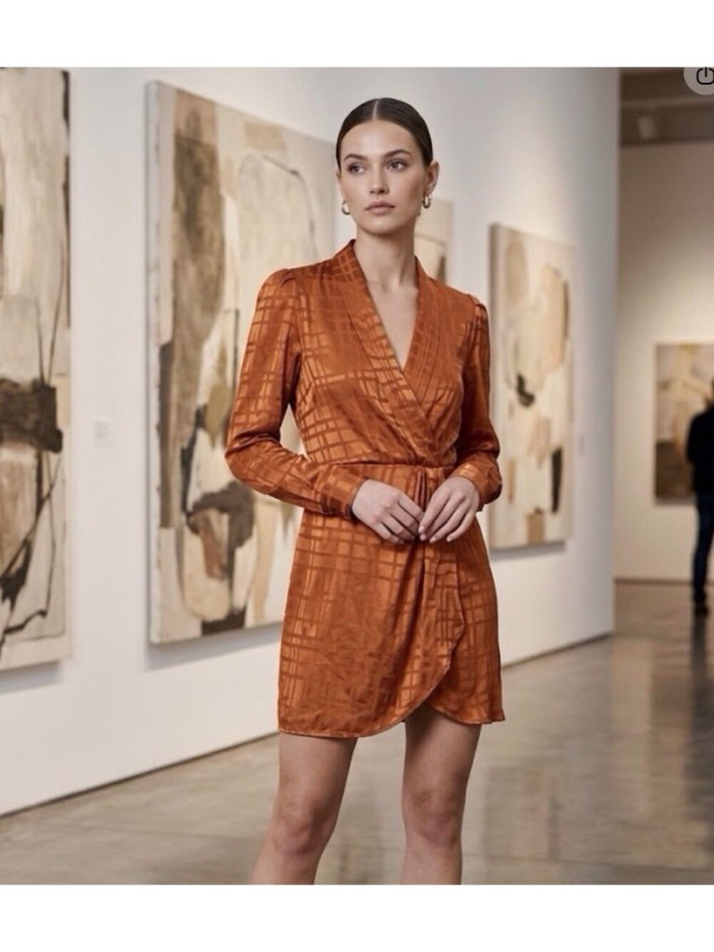 Zara Silky Satin Orange Button Front Faux Wrap Mini Long Sleeve Dress Sz L